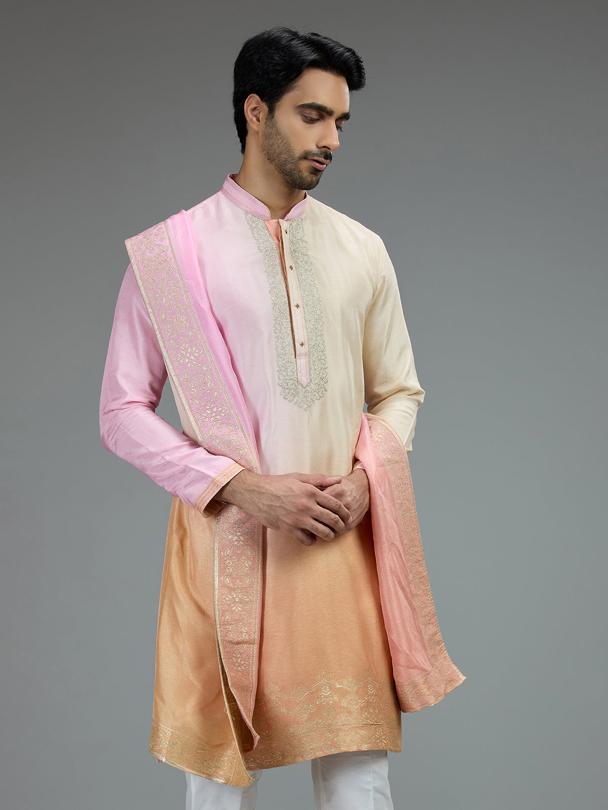 Pink and yellow festive mens kurta suit with zardosi work