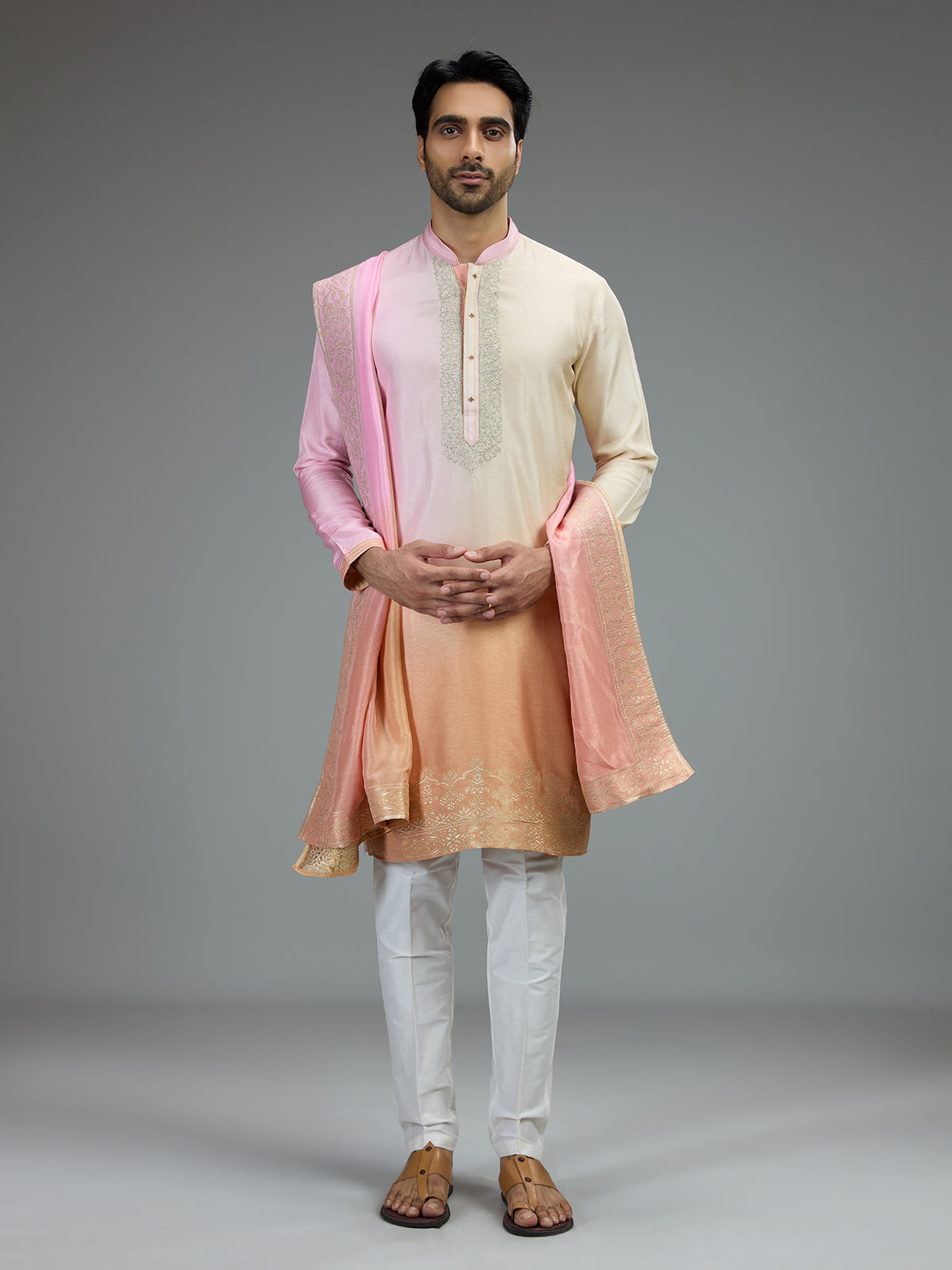Pink and yellow festive mens kurta suit with zardosi work