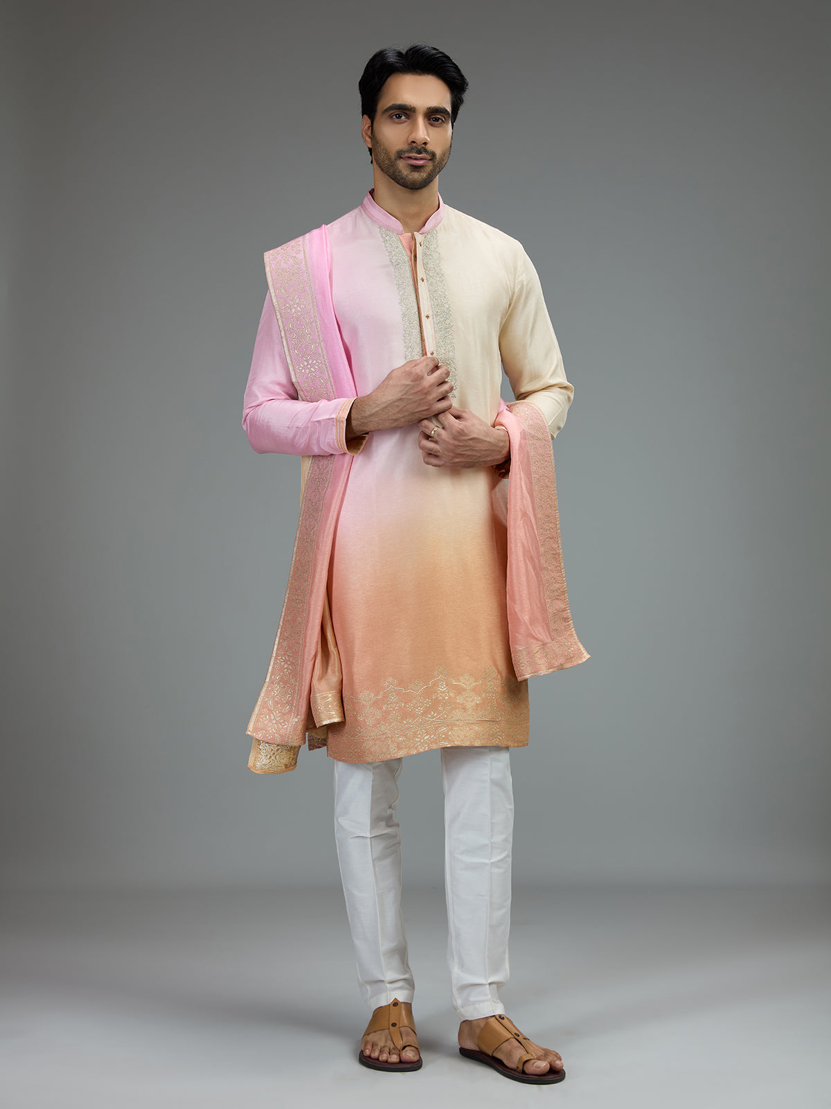 Pink and yellow festive mens kurta suit with zardosi work
