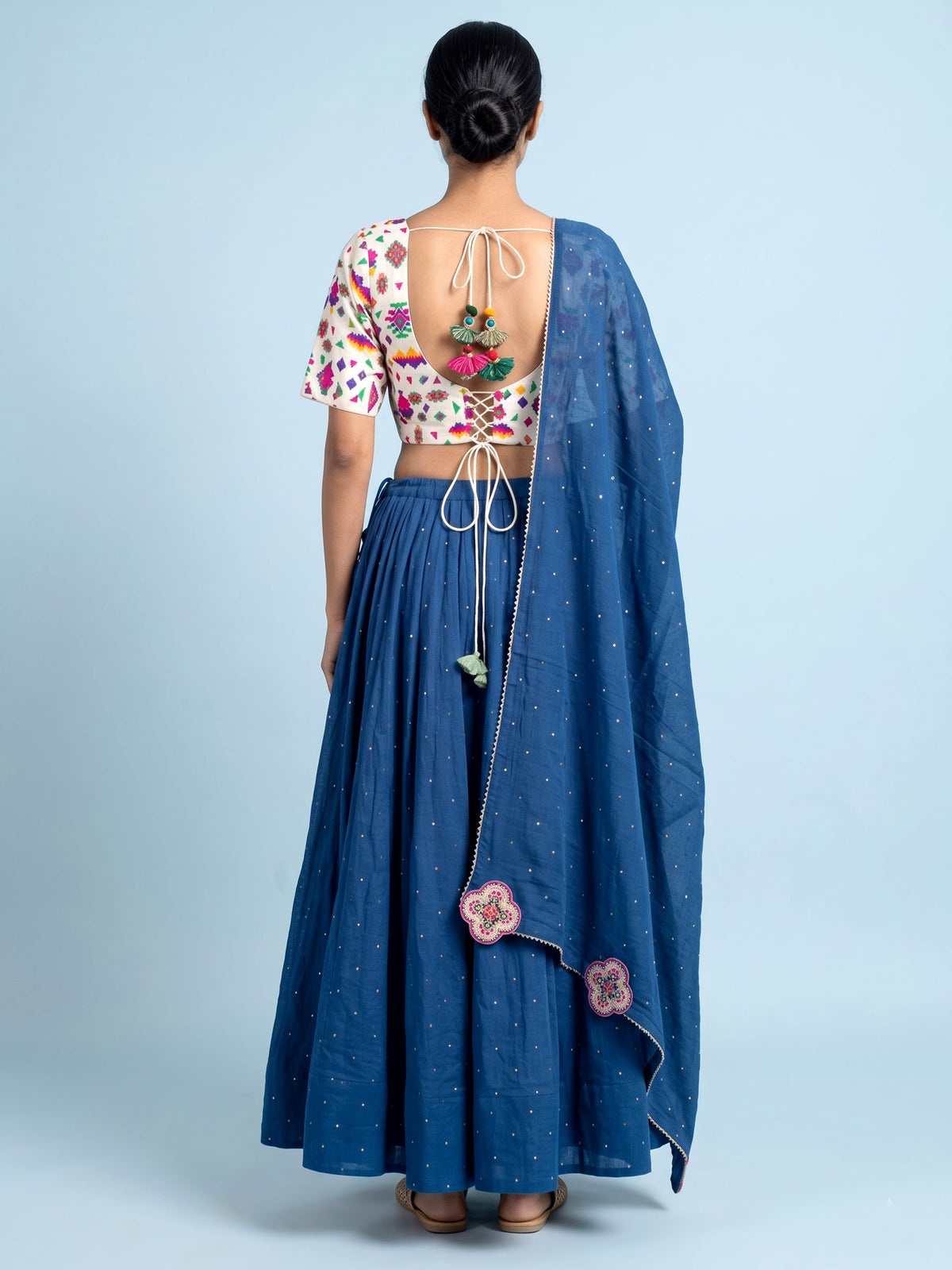 Blue soft silk Navratri lehenga choli with elegant bead embellishments