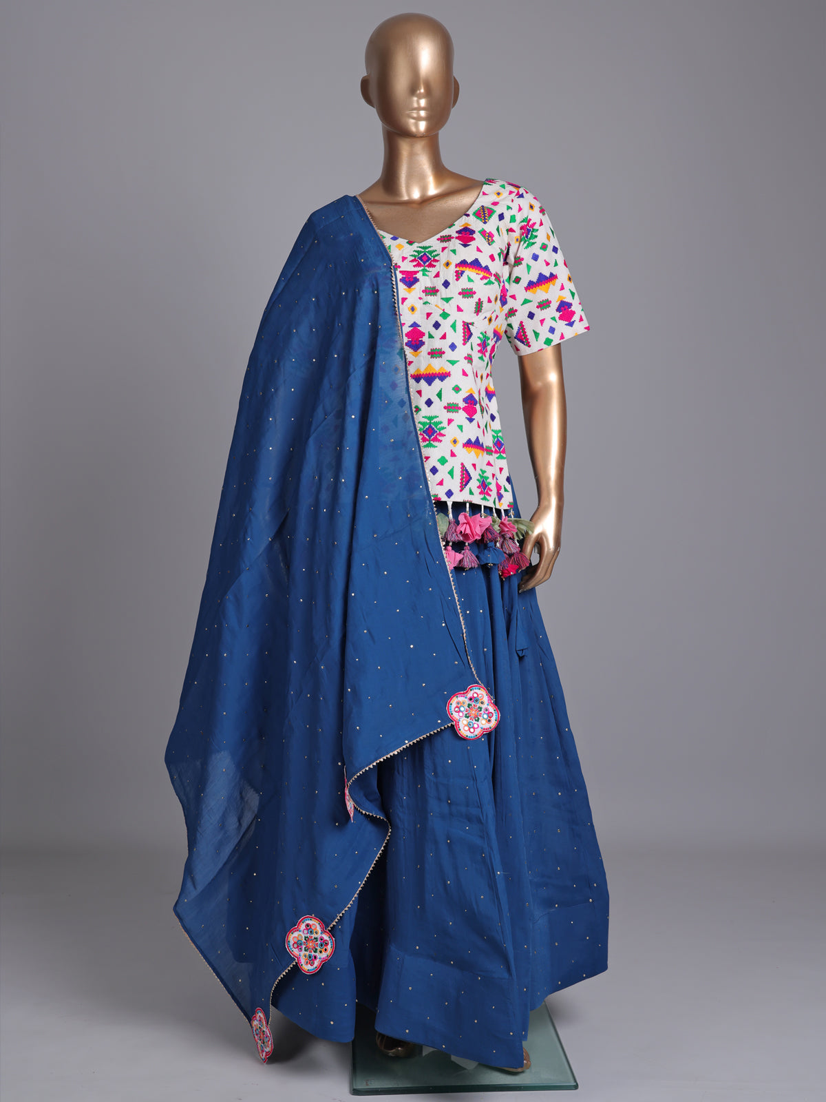 Blue soft silk Navratri lehenga choli with elegant bead embellishments