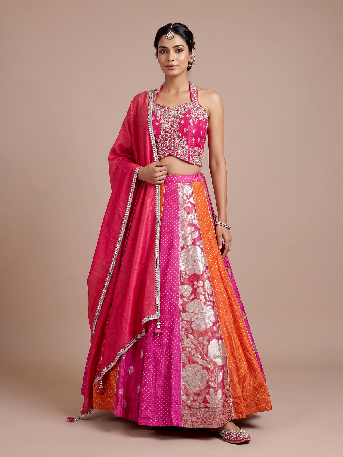 Pink Banarasi silk wedding lehenga choli with regal zari artistry