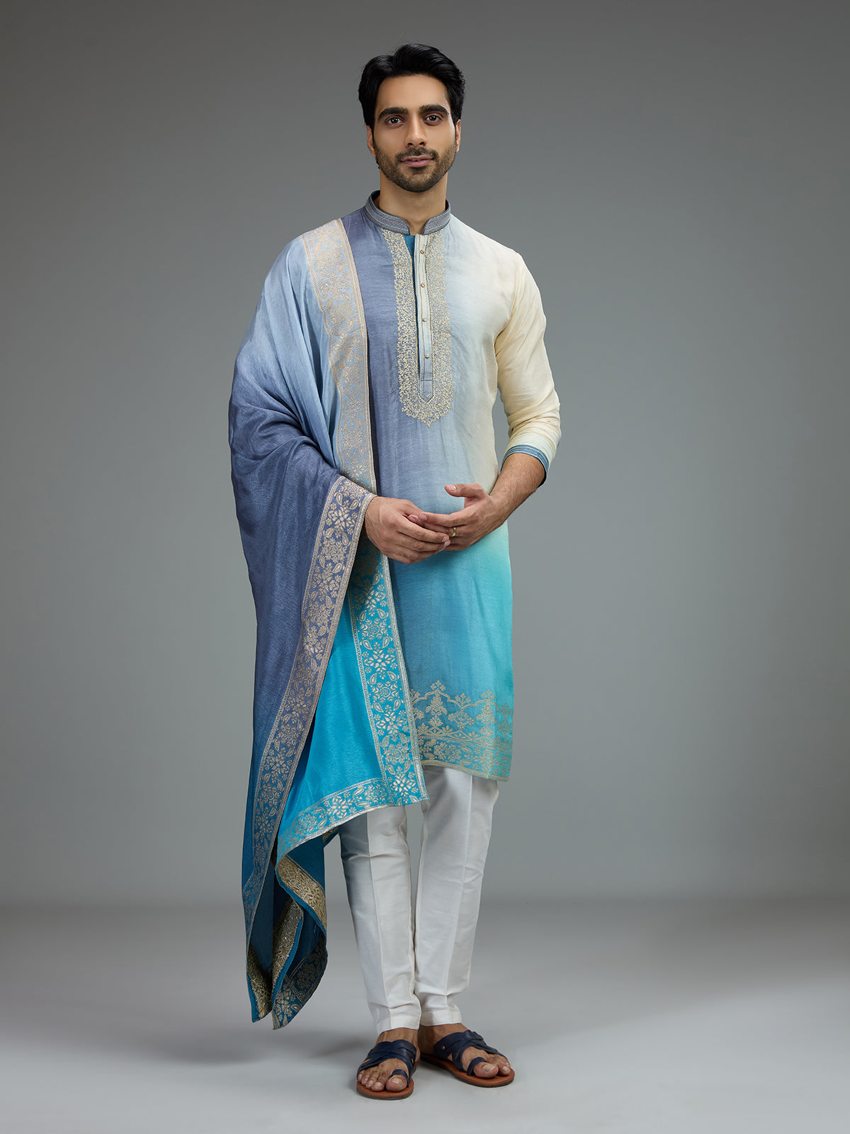Blue and navy blue elegant mens kurta pajama with zardosi