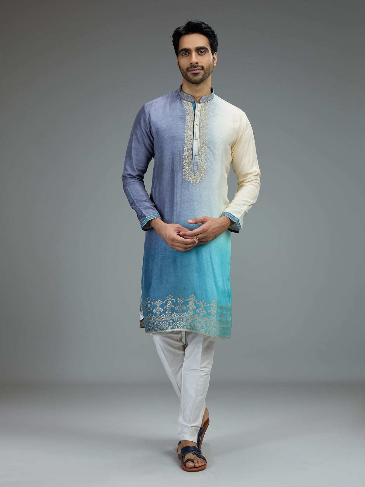 Blue and navy blue elegant mens kurta pajama with zardosi