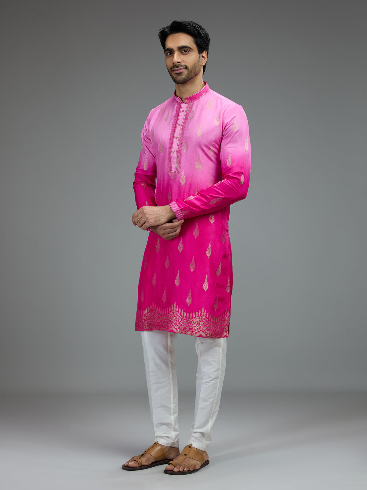 Pink stylish mens kurta suit with zari botanical motifs