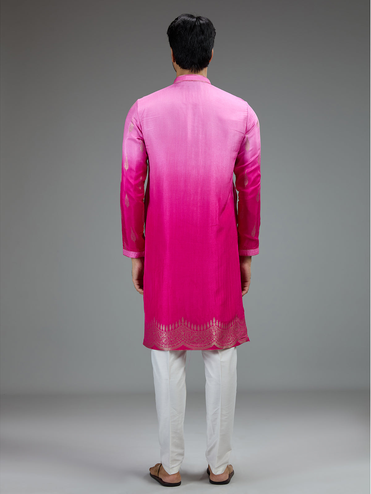 Pink stylish mens kurta suit with zari botanical motifs