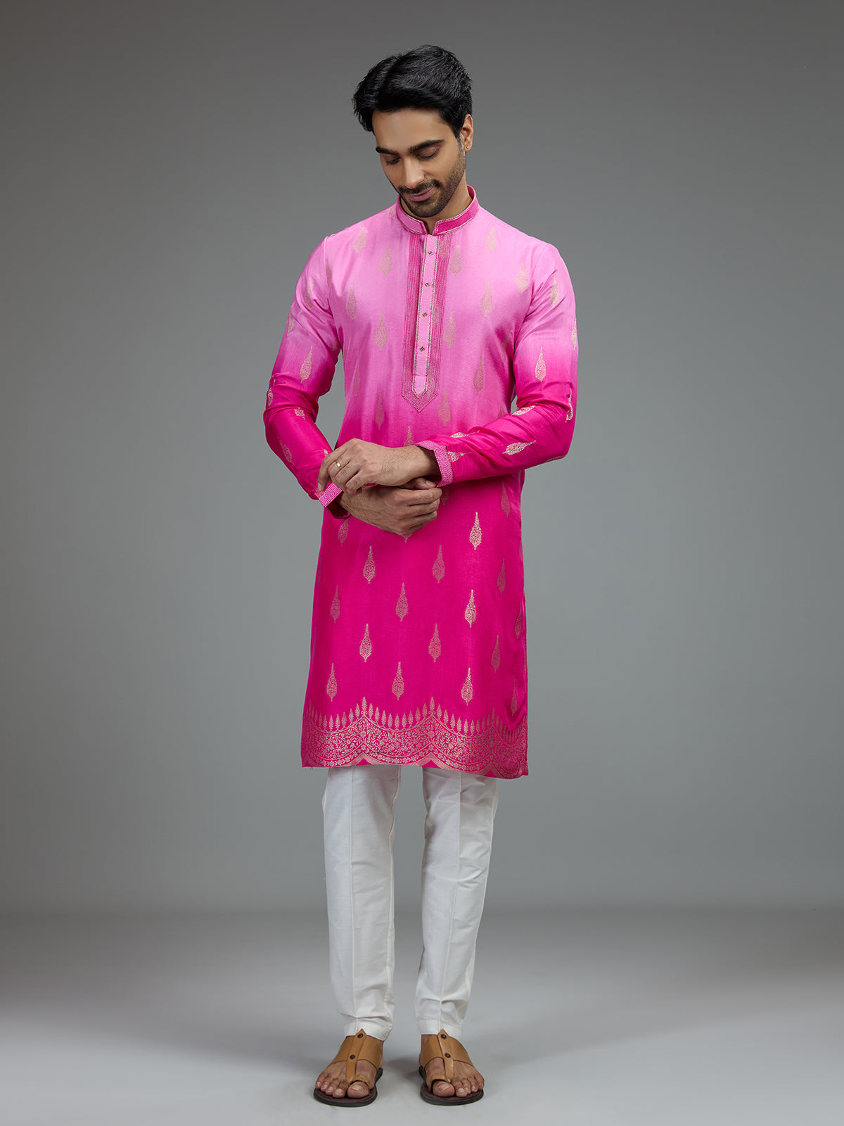 Pink stylish mens kurta suit with zari botanical motifs