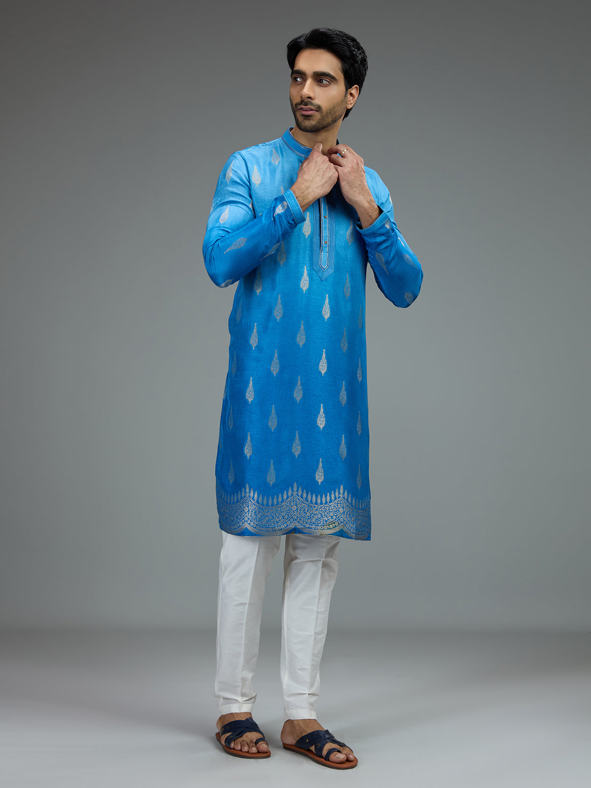 Blue ombre zari kurta pajama for men