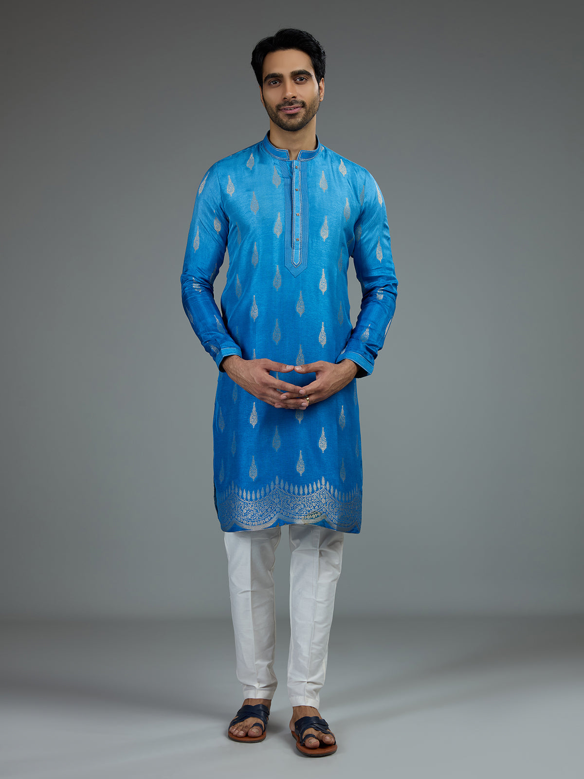 Blue ombre zari kurta pajama for men