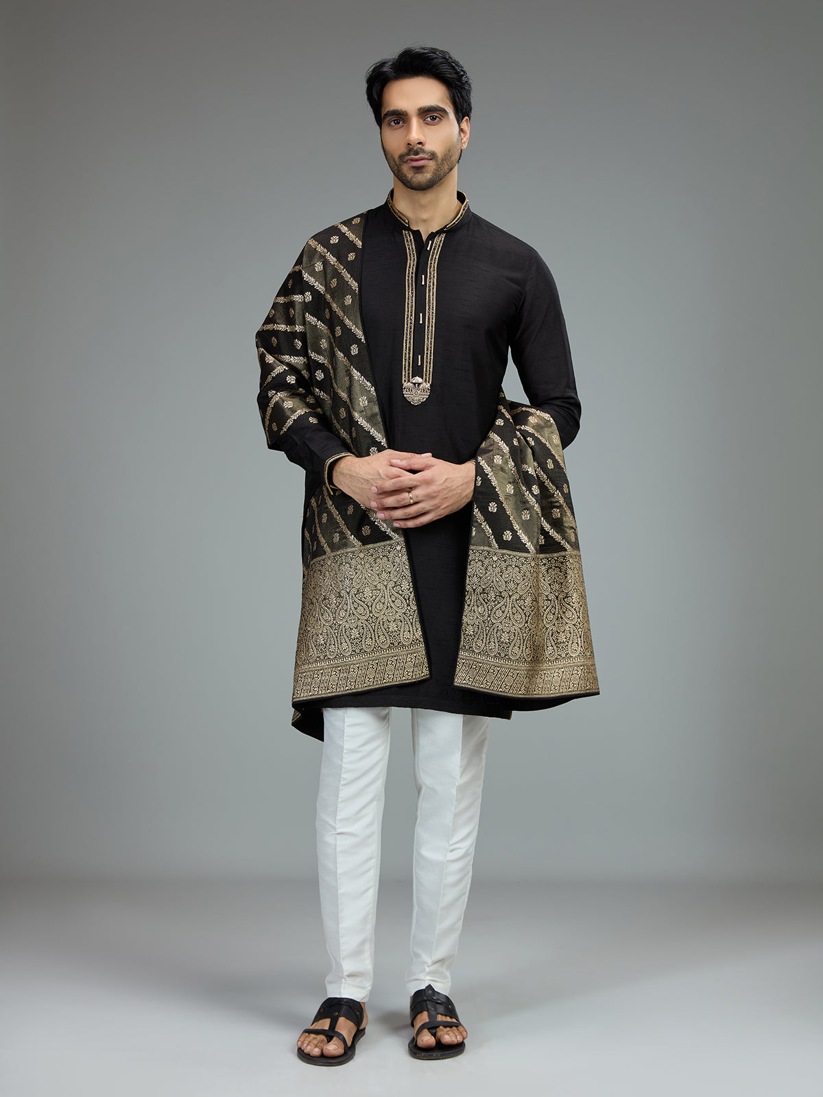 Black antique gold kurta pajama set for men