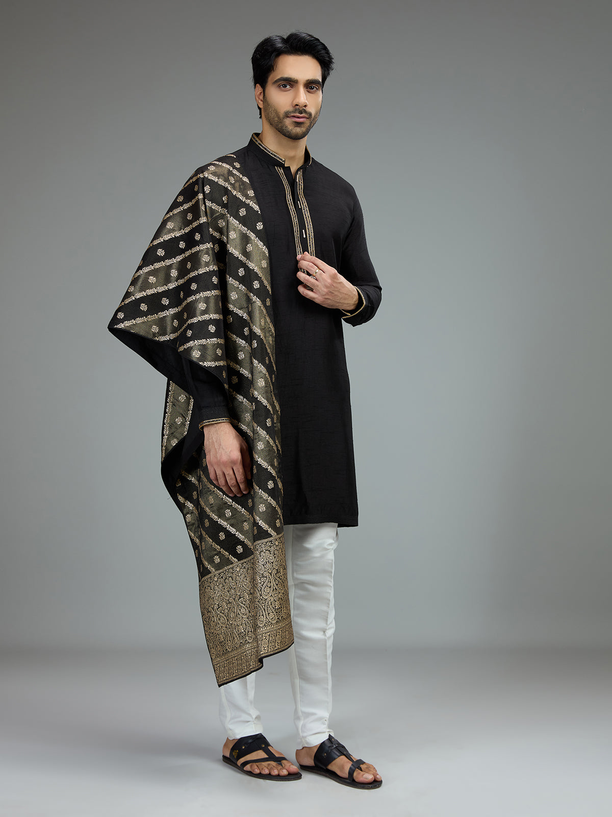 Black antique gold kurta pajama set for men