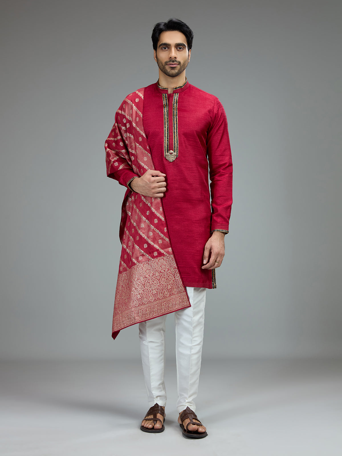 Red antique gold kurta pajama set for men