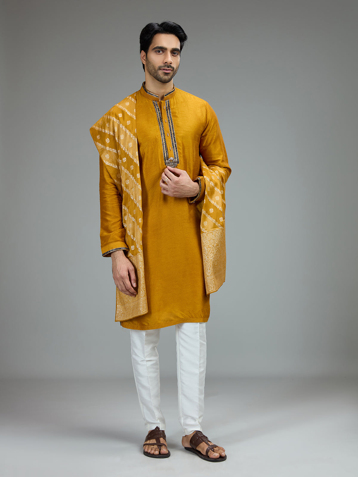 Mustard yellow cutdana kurta pajama for men