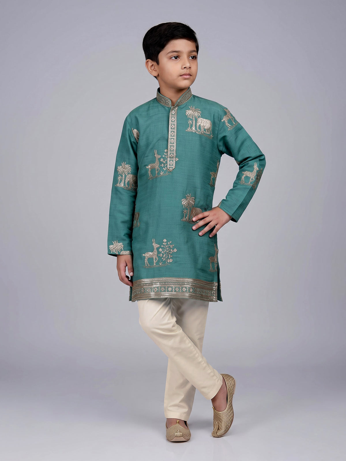Green boys silk kurta suit with deer elephant embroidery work
