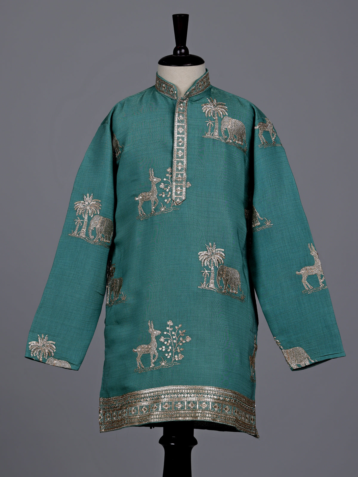 Green boys silk kurta suit with deer elephant embroidery work