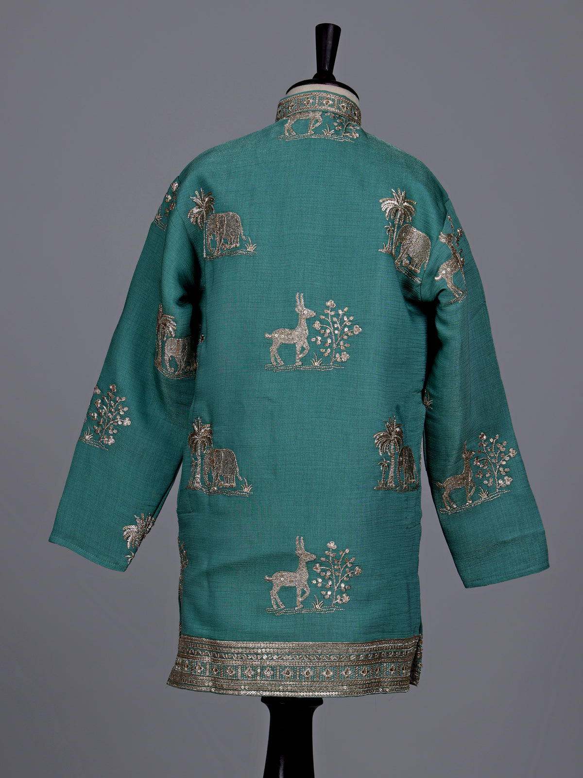 Green boys silk kurta suit with deer elephant embroidery work