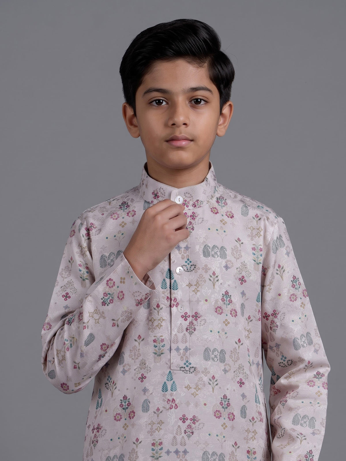 Beige boys linen silk kurta suit with floral thread motifs