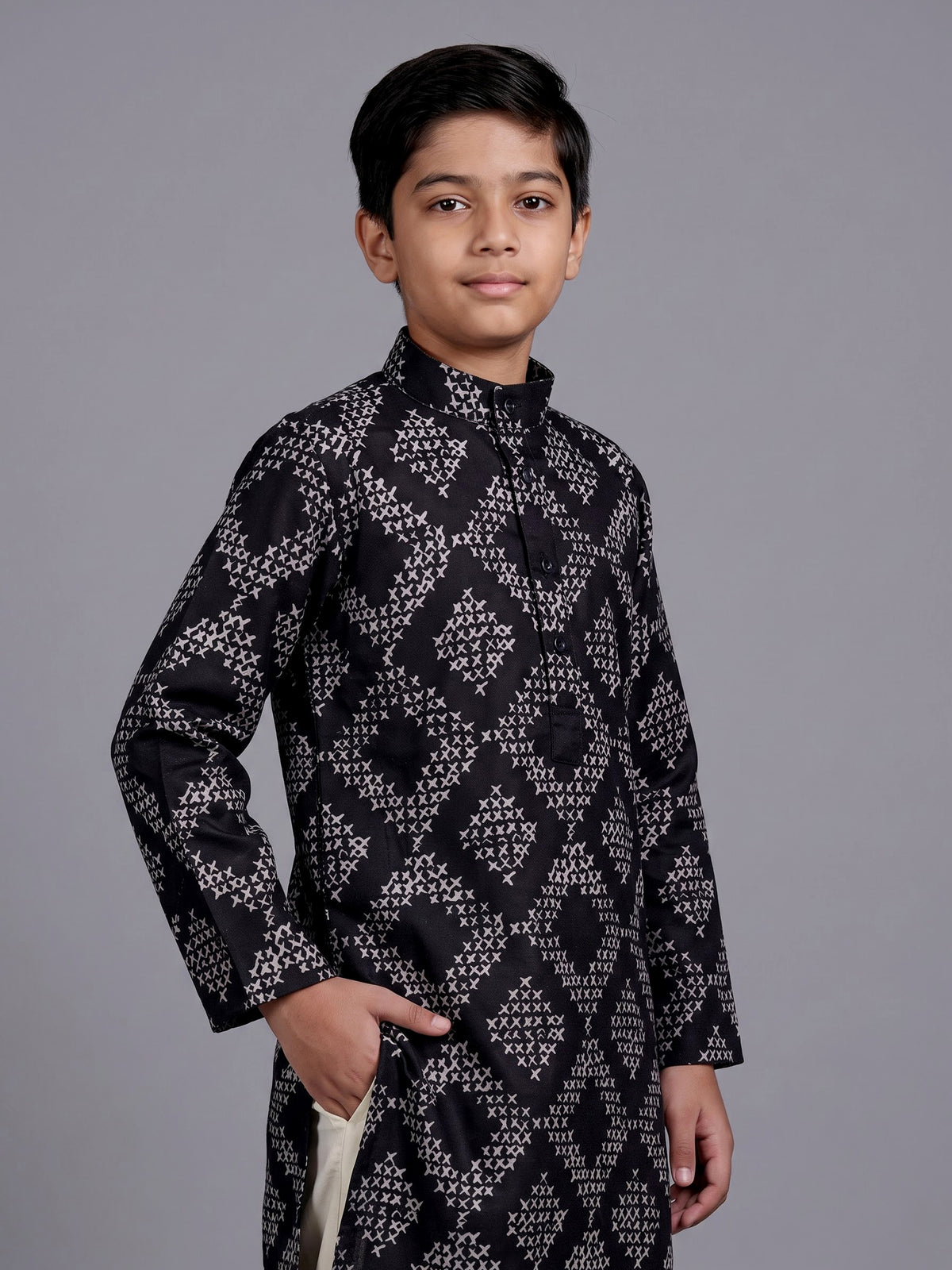 Black boys cotton kurta suit with contemporary printed detailing