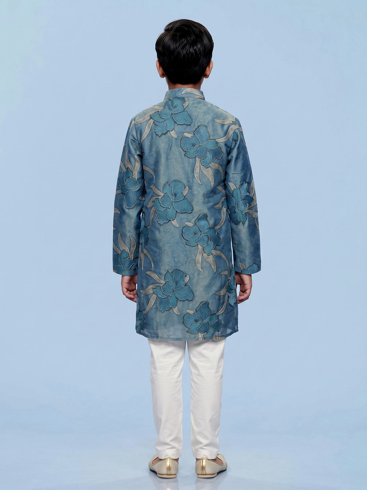 Stone blue boys silk kurta suit with floral thread detailing