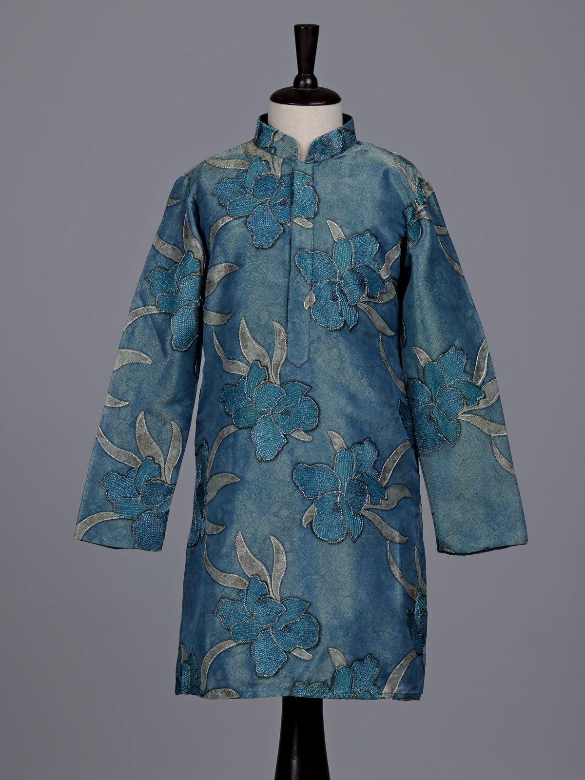 Stone blue boys silk kurta suit with floral thread detailing