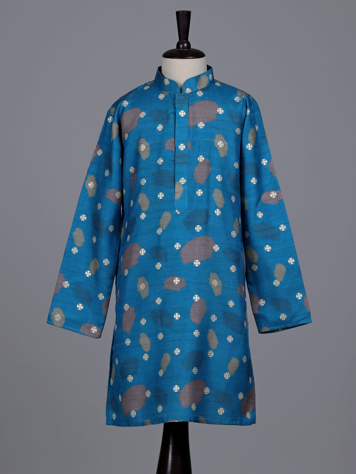Blue boys raw silk kurta suit with sophisticated printed detailing