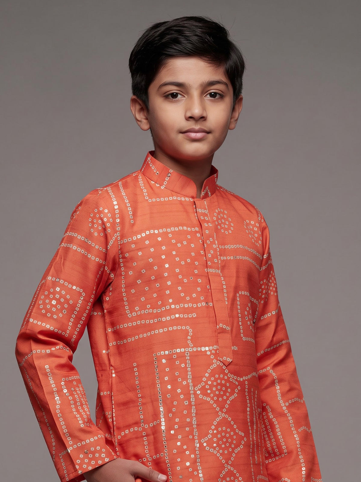 Orange boys raw silk kurta suit with traditional bandhani print