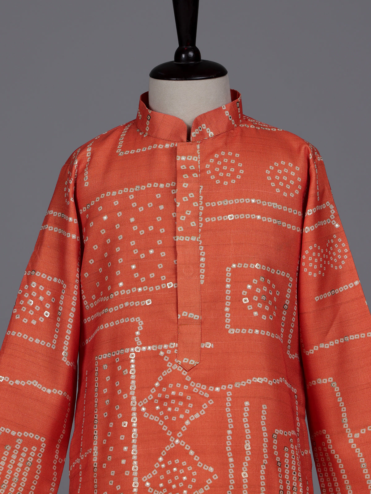 Orange boys raw silk kurta suit with traditional bandhani print
