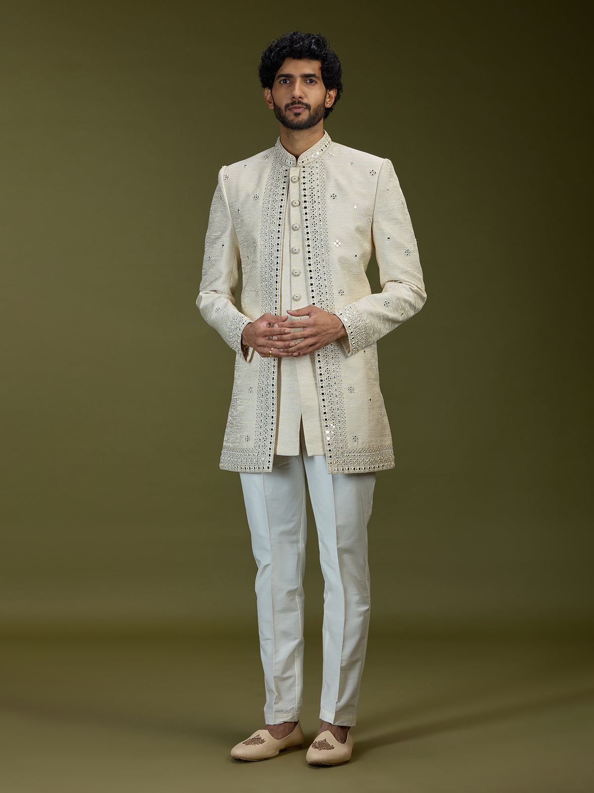 Cream exquisite jacquard men designer jacket indo western