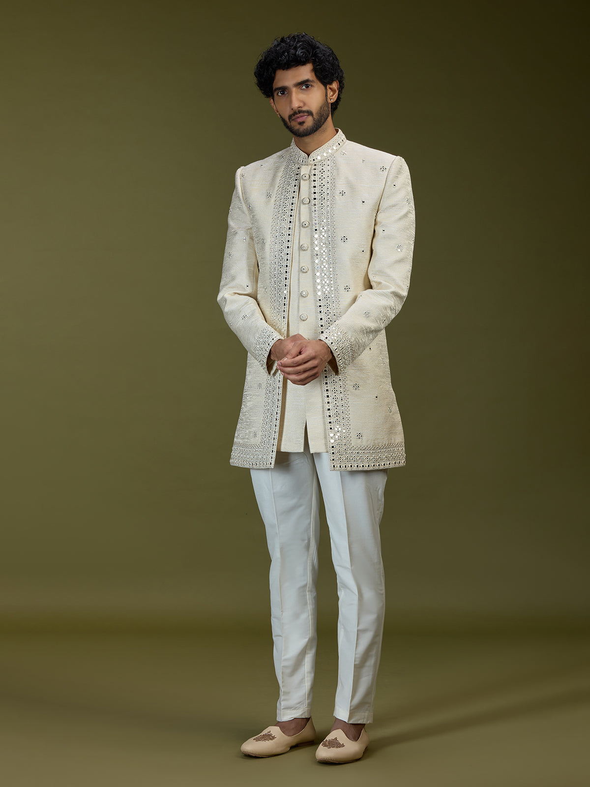 Cream exquisite jacquard men designer jacket indo western