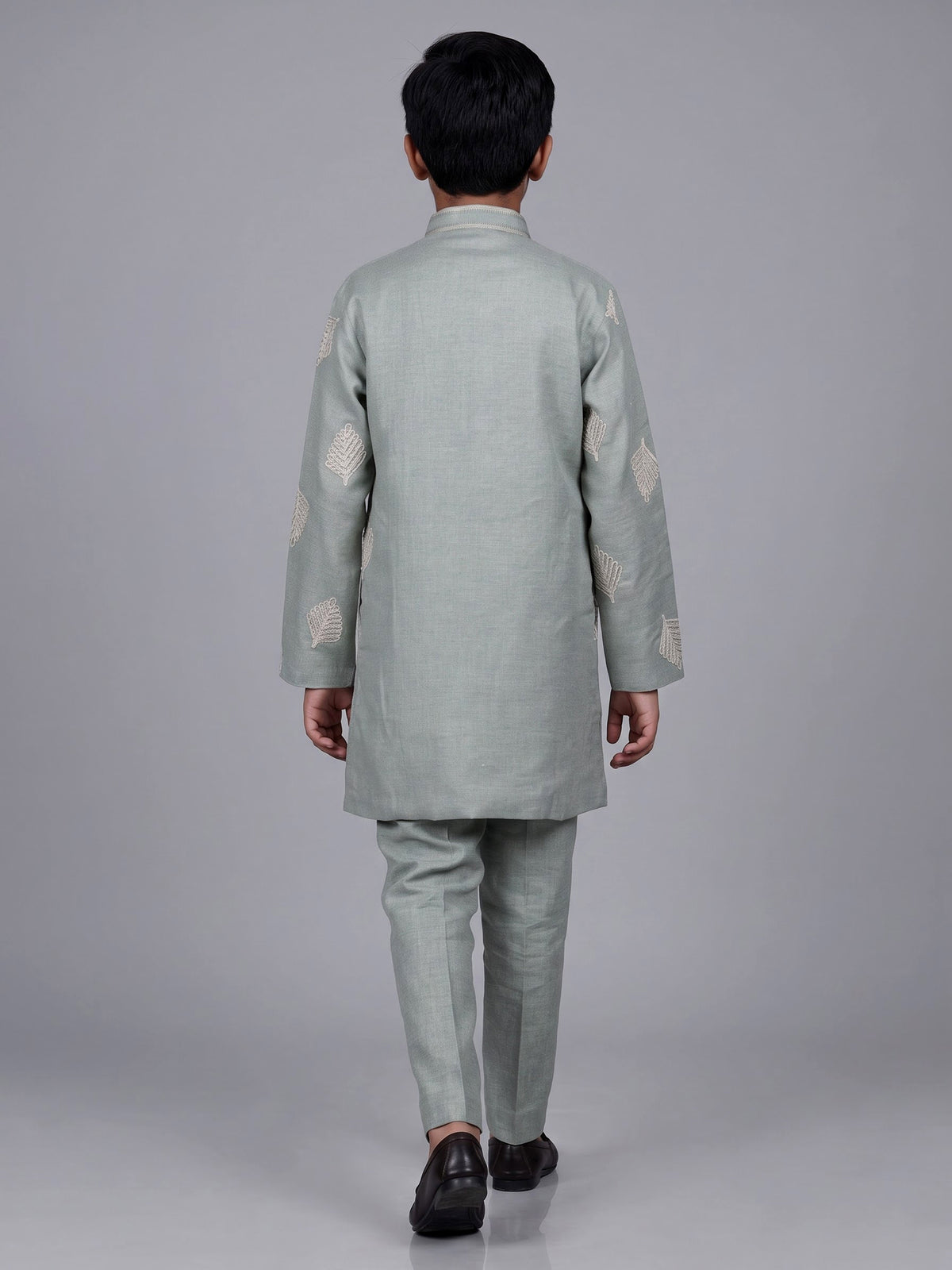 Pista green boys cotton linen kurta suit with thread work