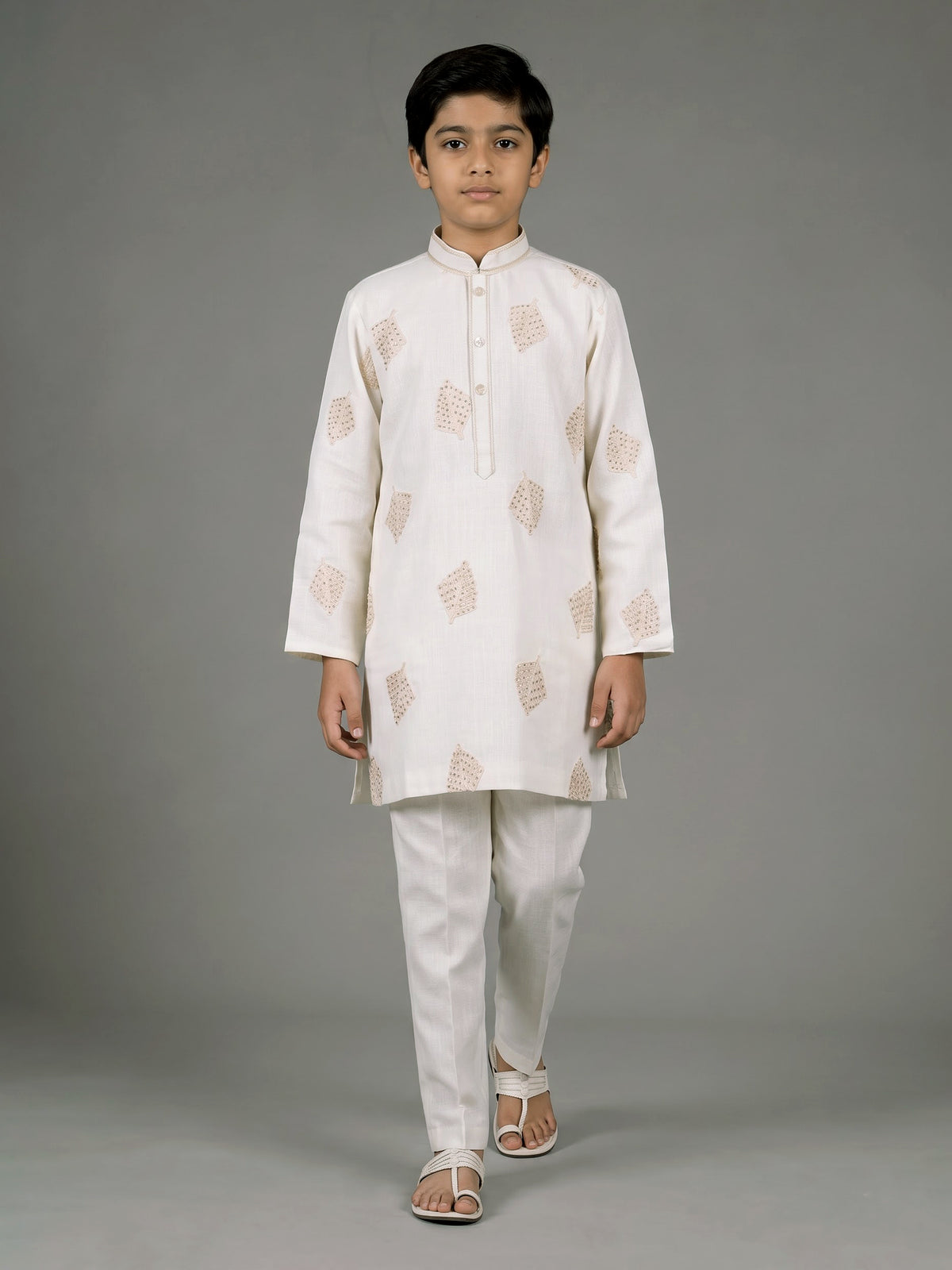 Cream boys cotton linen kurta suit with thread and cutdana