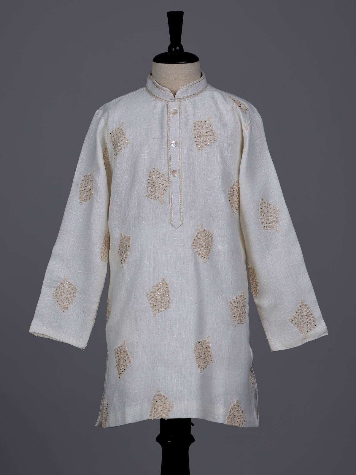 Cream boys cotton linen kurta suit with thread and cutdana