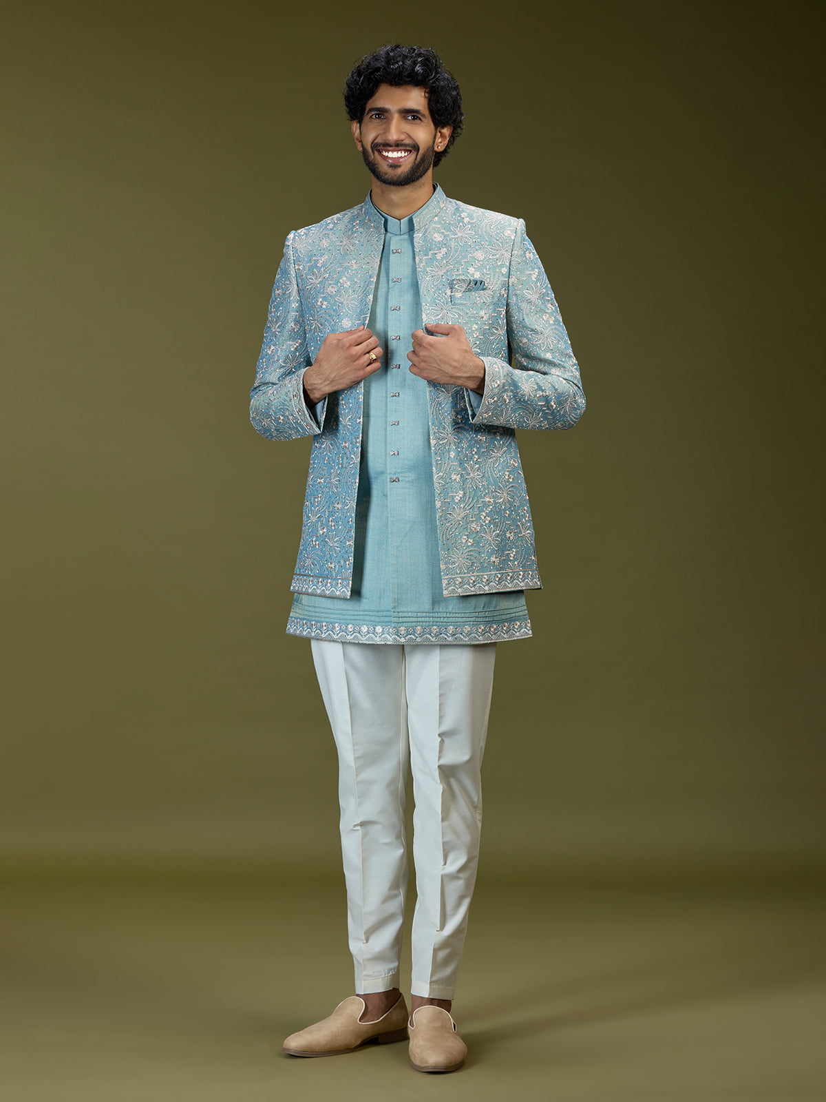 Firozi blue luxury art silk men indo western