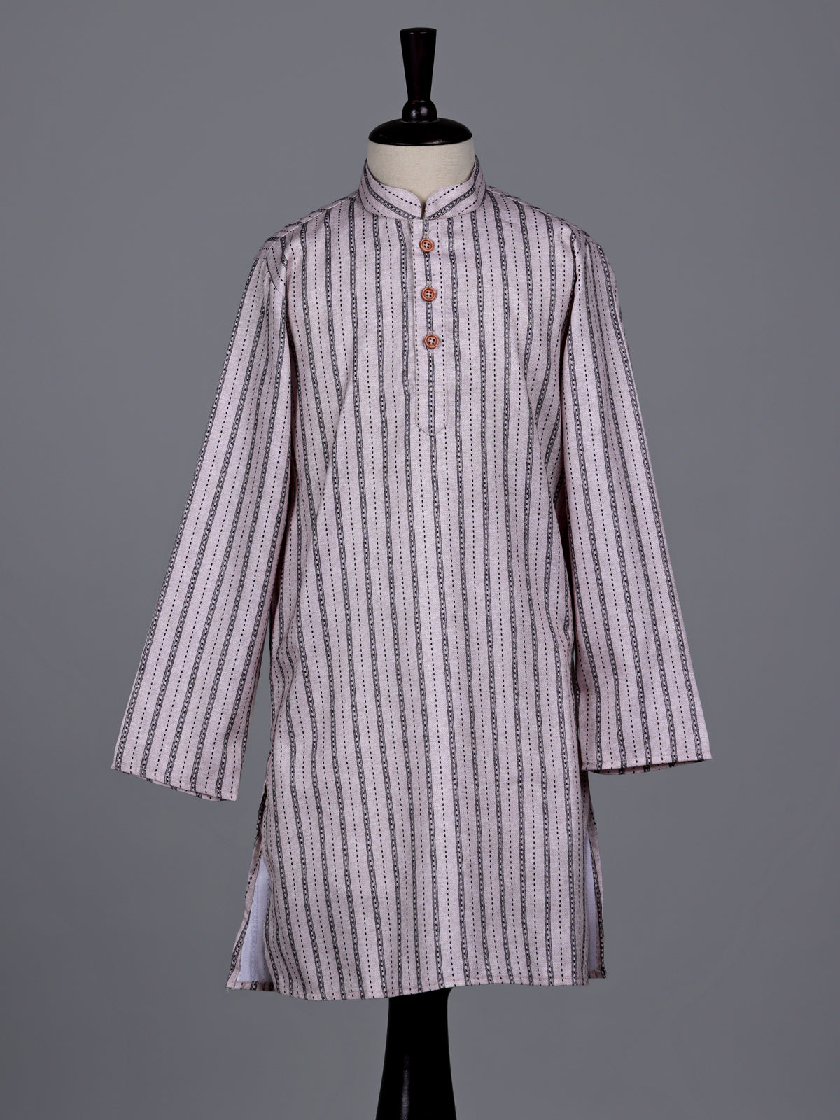 Fawn beige boys cotton blend kurta suit with stripe weaving