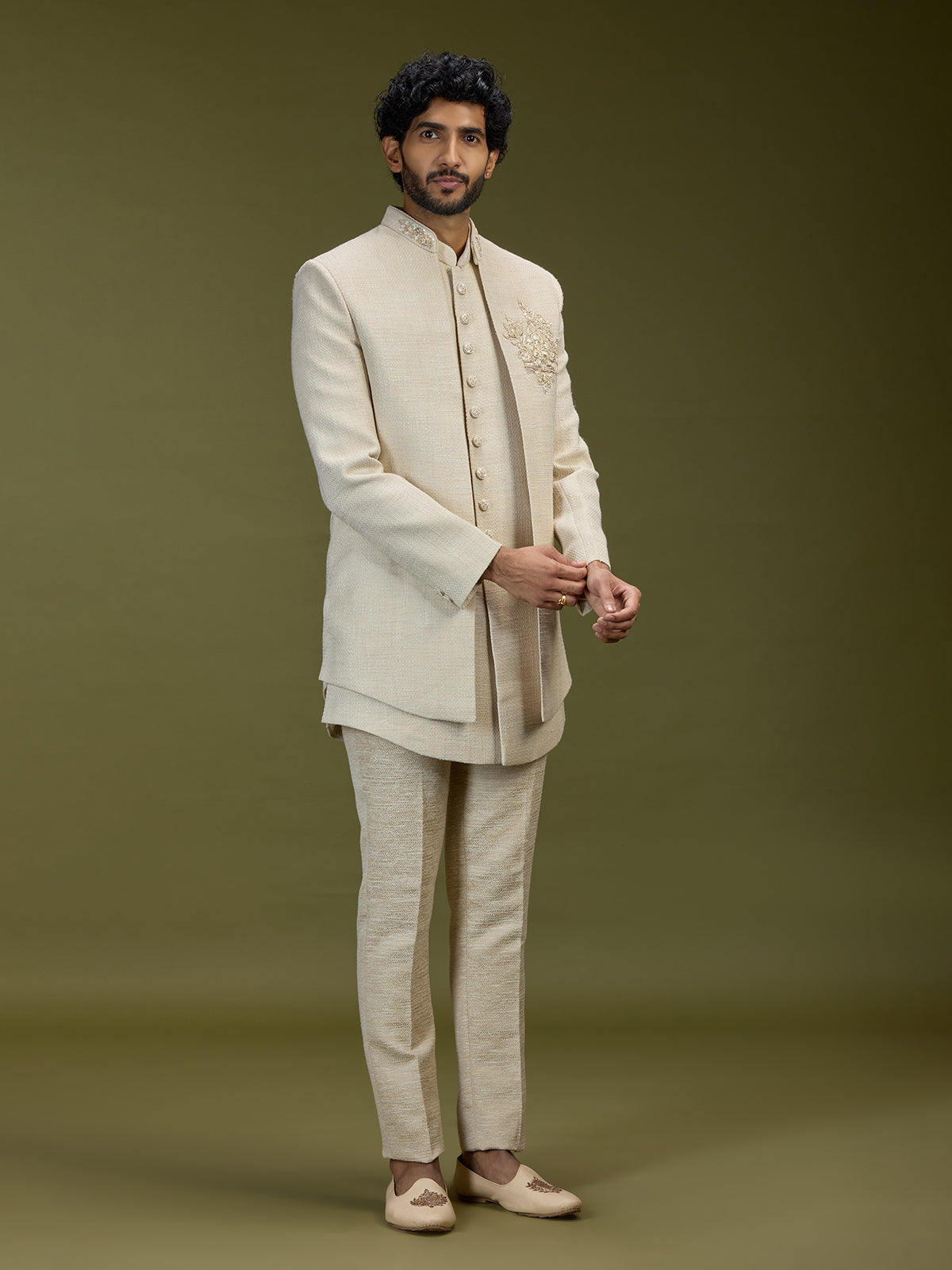 Cream luxurious jute men designer jacket indo western