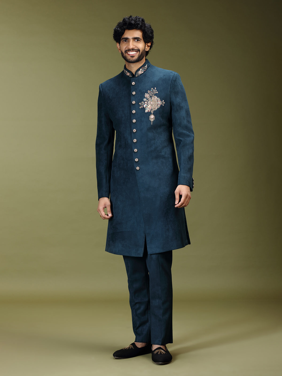 Deep navy royal velvet silk men indo western