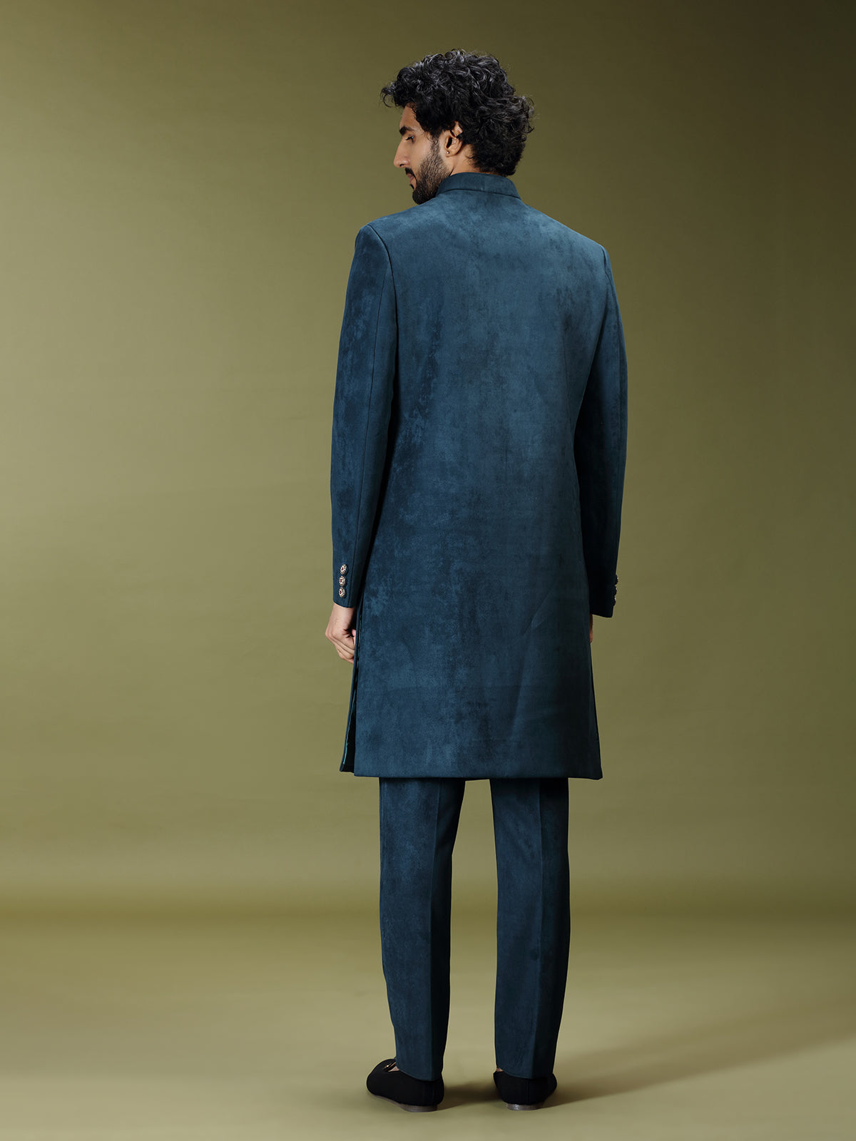 Deep navy royal velvet silk men indo western