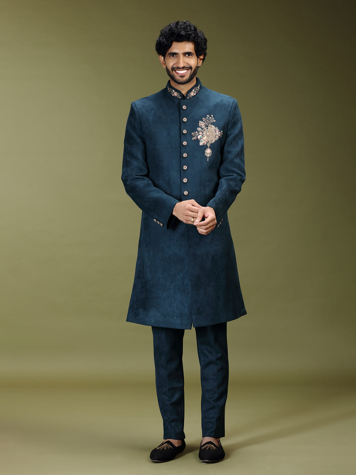 Deep navy royal velvet silk men indo western