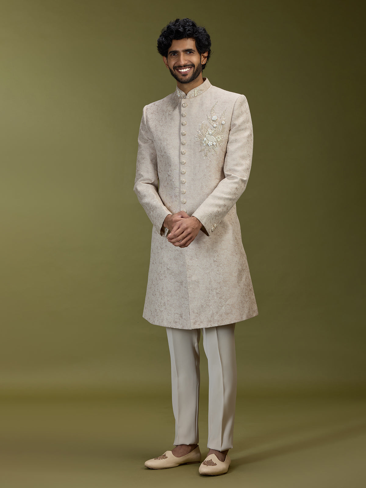 Cream opulent jacquard silk men indo western