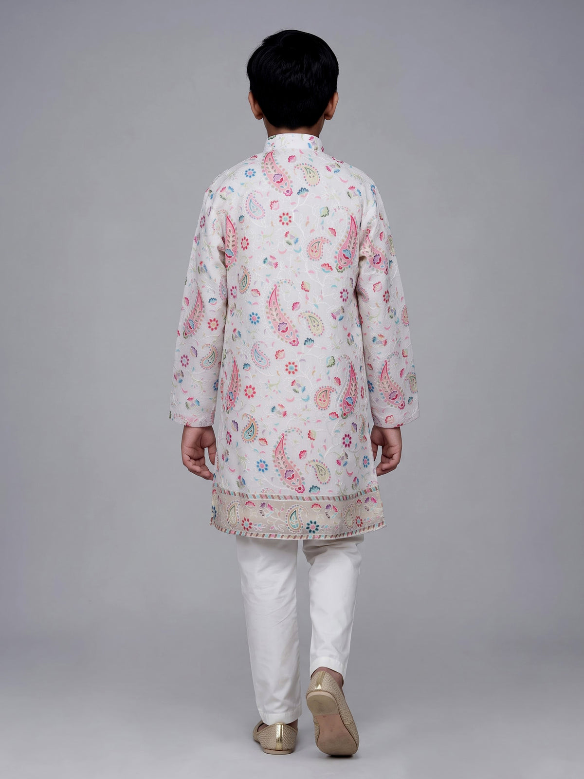 Cream boys cotton linen kurta suit with floral thread detailing