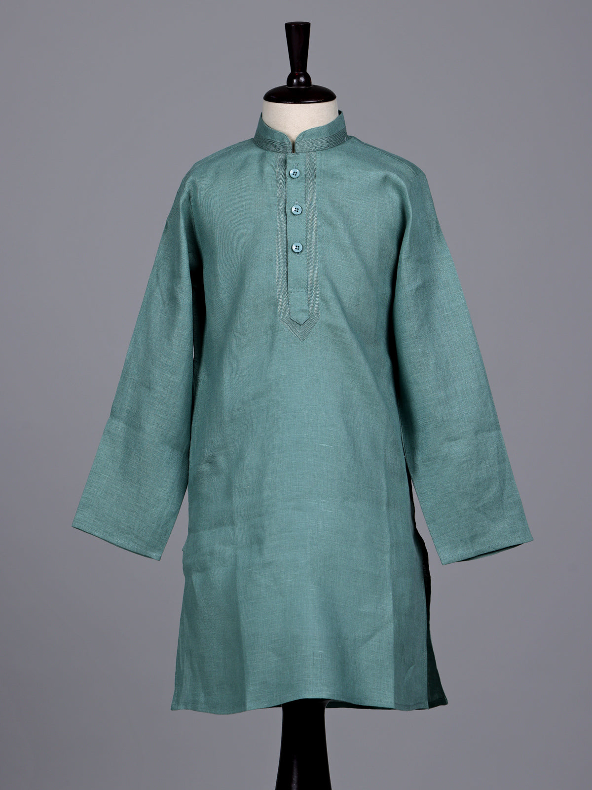 Green boys cotton linen kurta suit with refined solid pattern