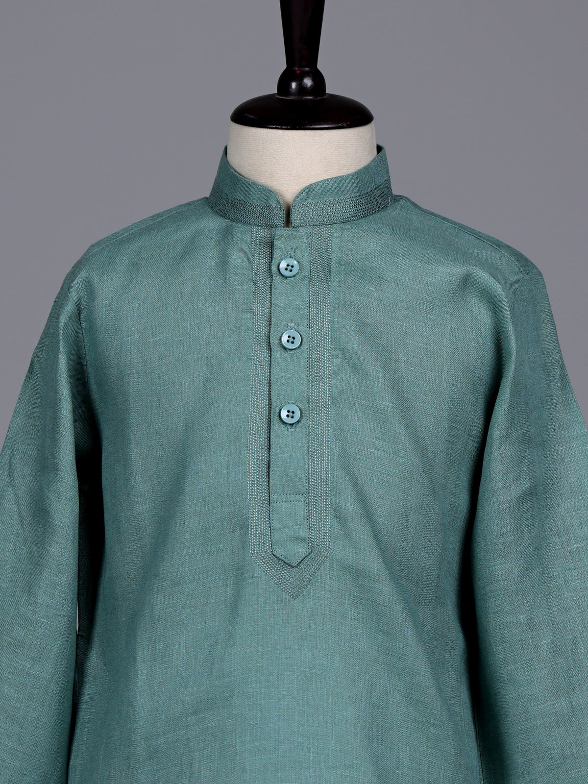 Green boys cotton linen kurta suit with refined solid pattern