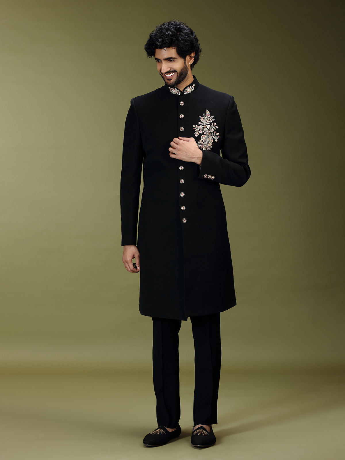 Black exquisite polyester viscose men indo western