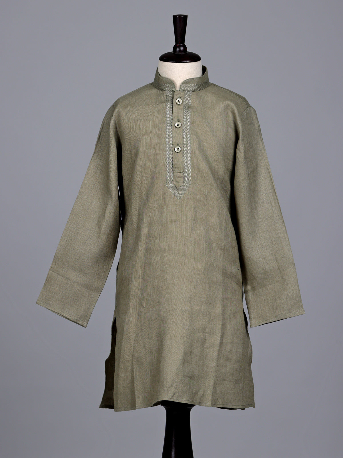 Mehendi green boys cotton linen kurta suit with solid pattern