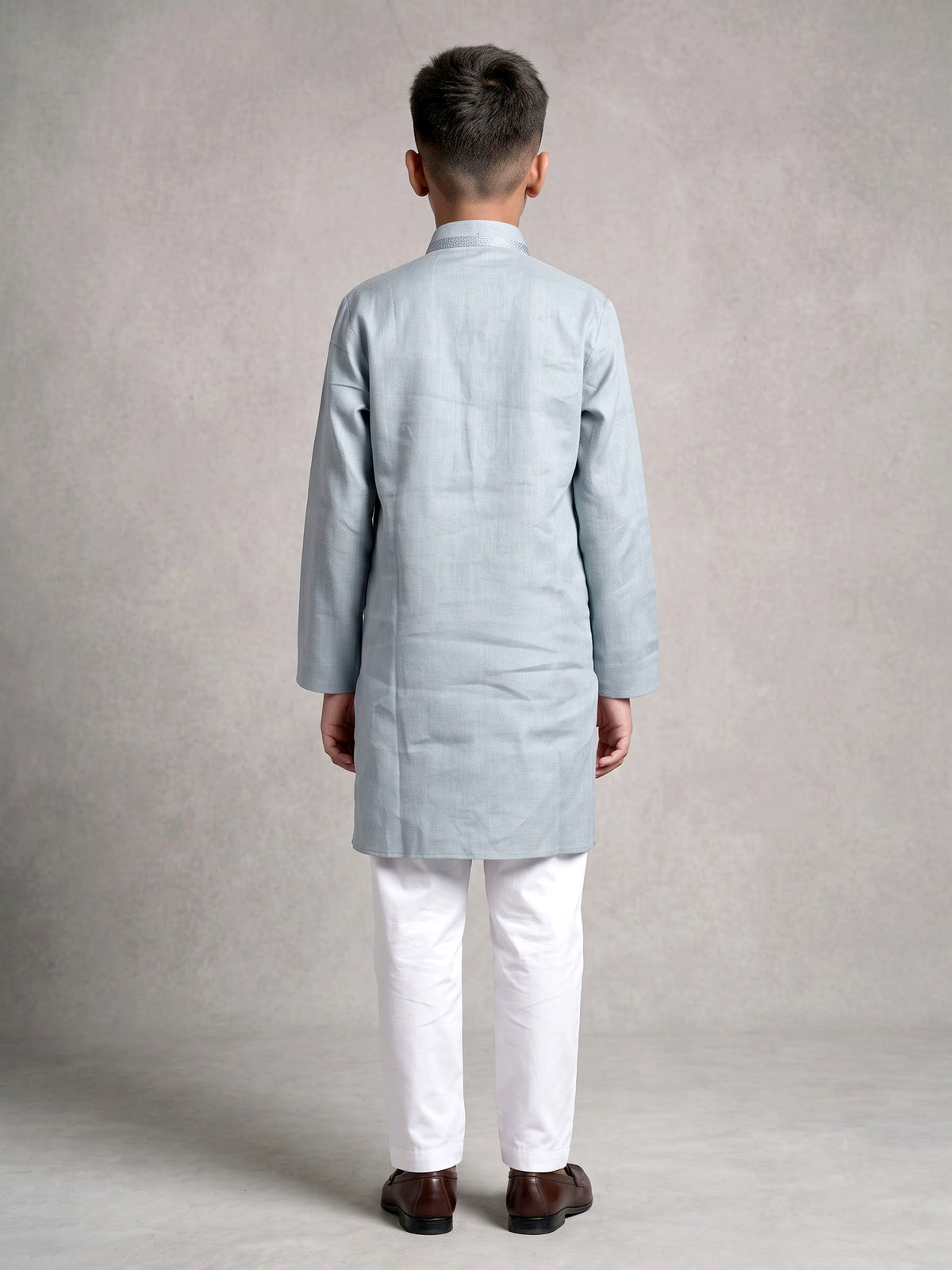 Mint green boys cotton linen kurta suit with solid pattern
