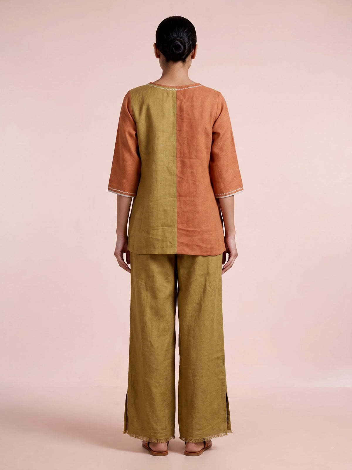 Khaki linen women co ord set with thread detailing and palazzo