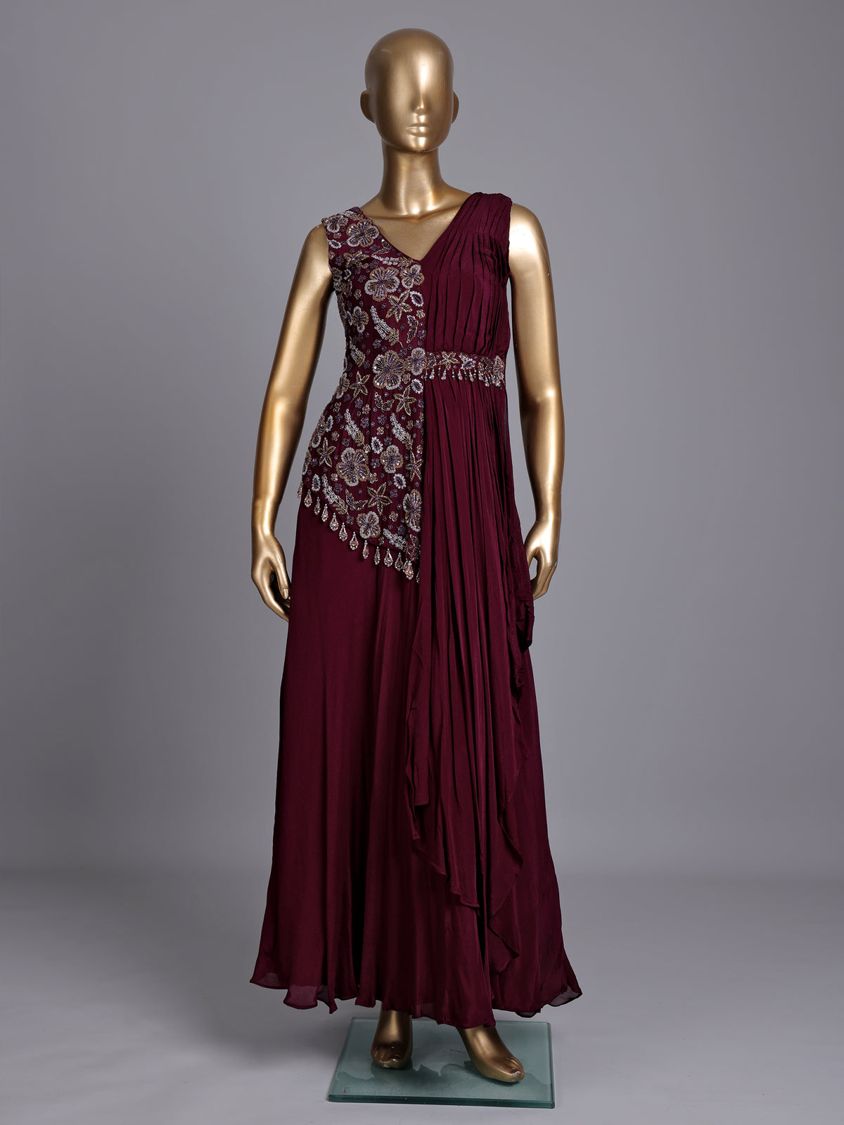 Wine chiffon designer gown with sequins work