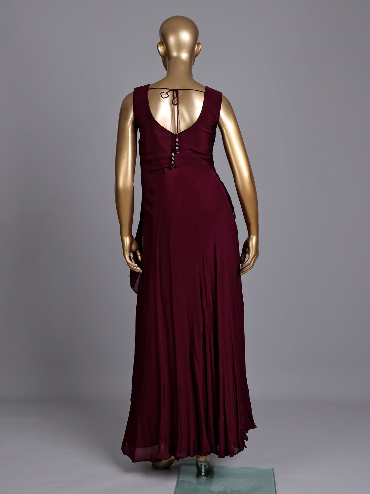 Wine chiffon designer gown with sequins work