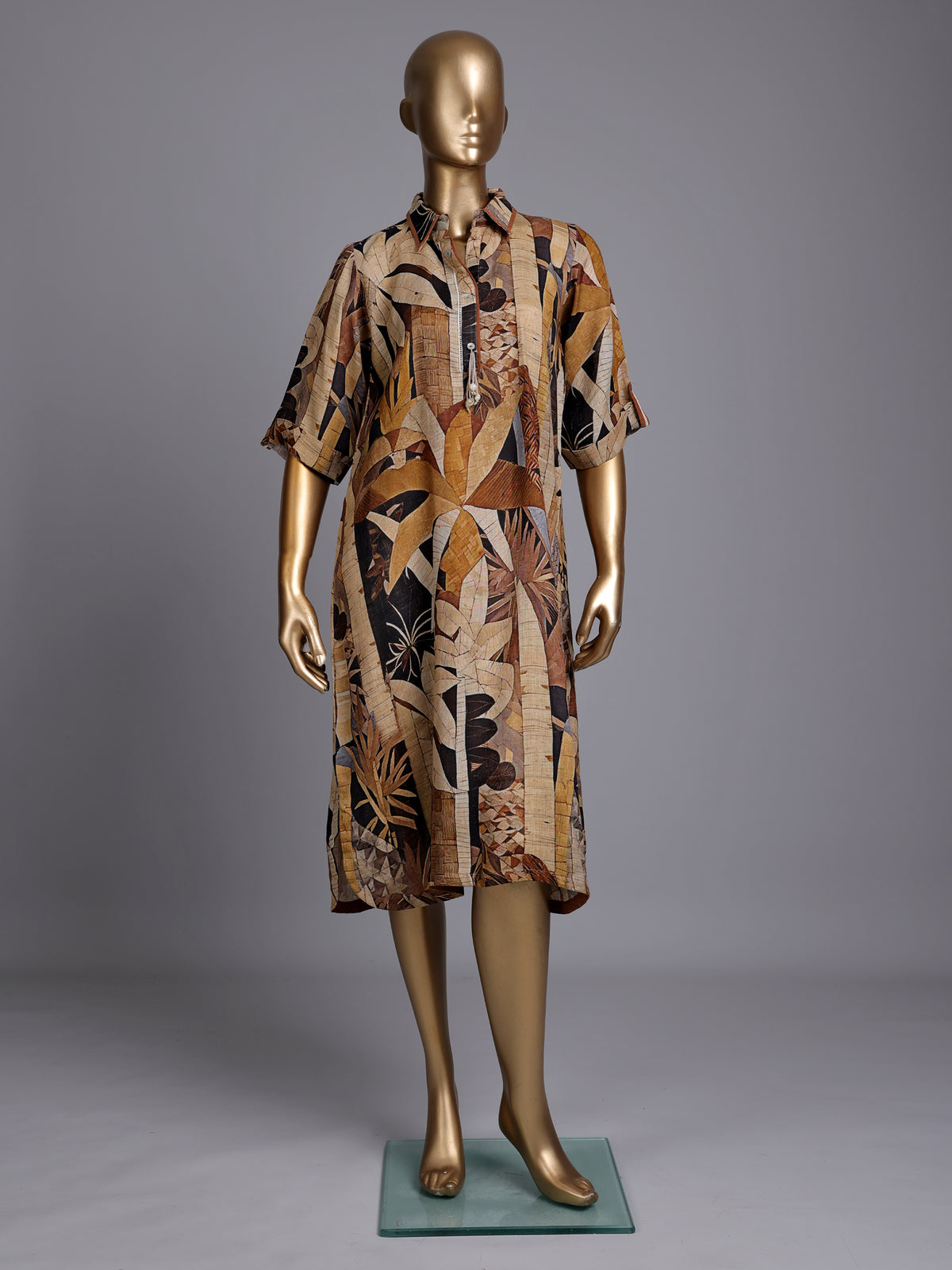 Brown linen printed western kurti with collar neck and elbow sleeves