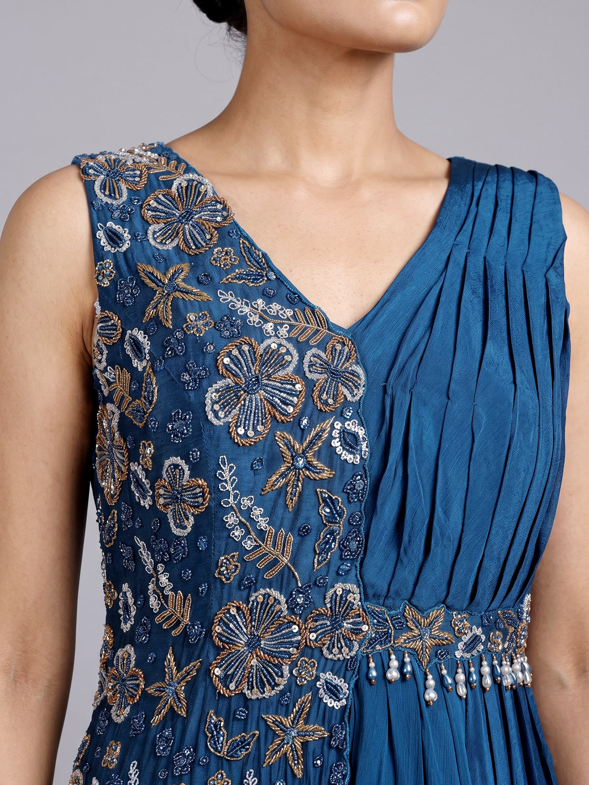 Blue chiffon silk designer gown with cutdana and zardosi work
